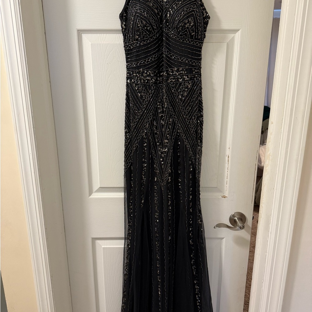 David's Bridal Grey Beaded Gown